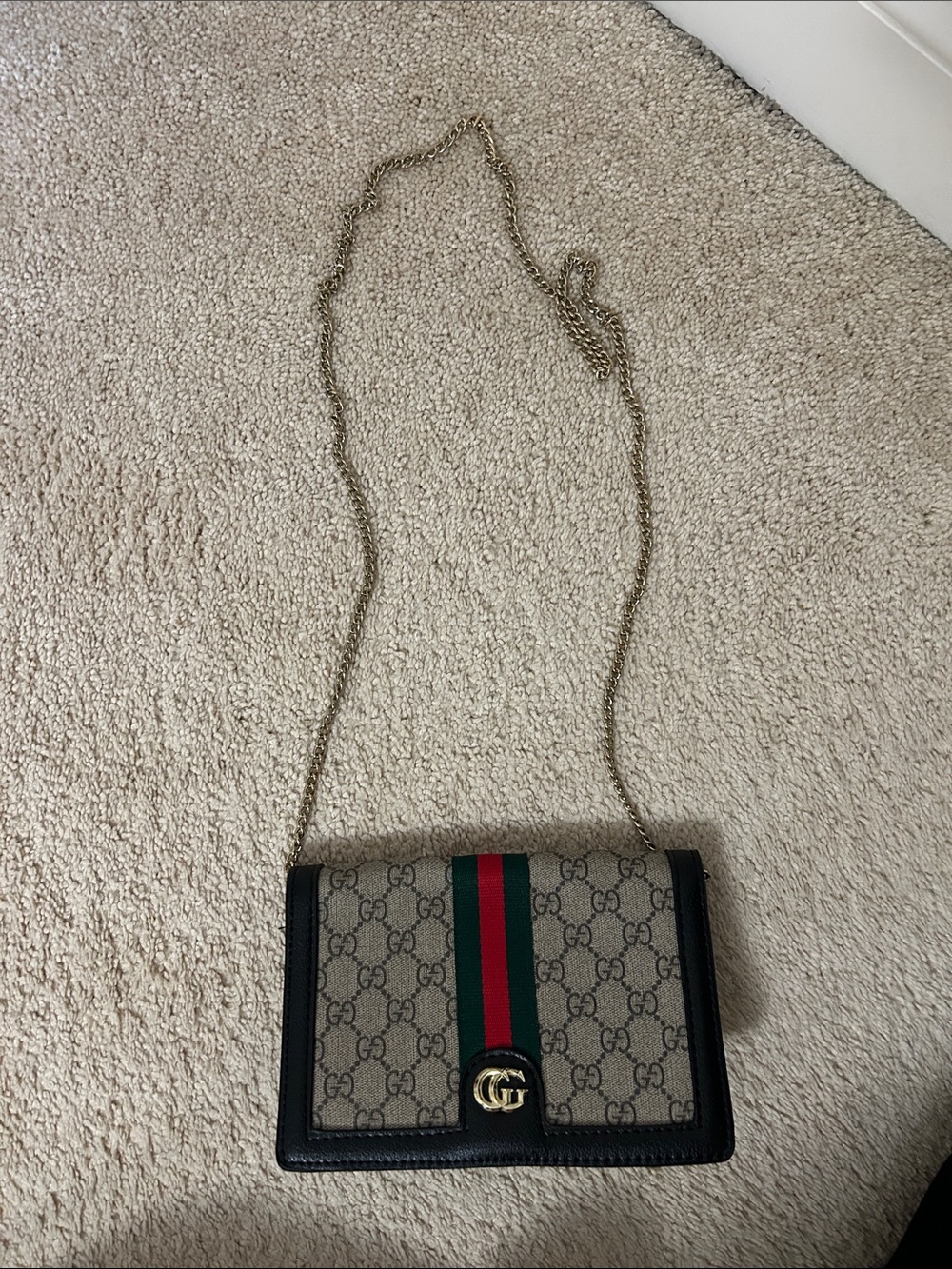 Supreme Canvas Mini Shoulder Bag in Beige with Green-Red Stripe